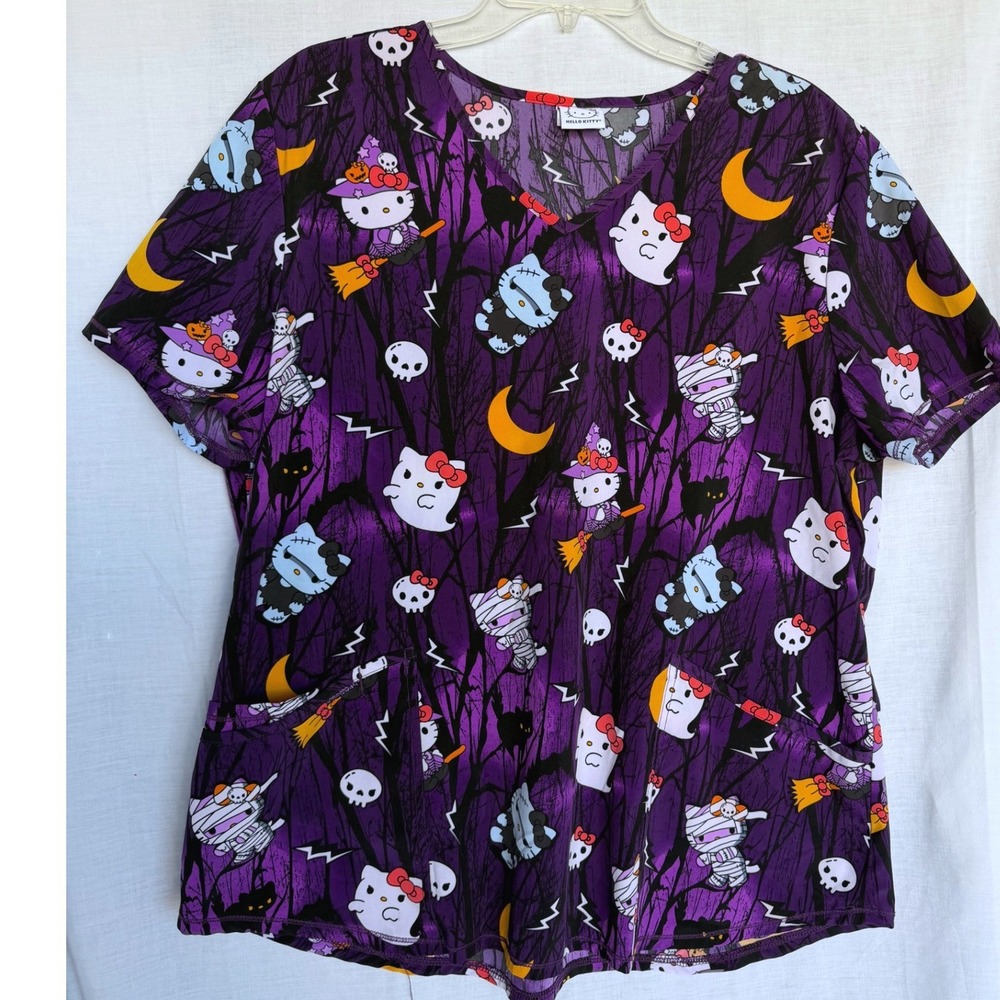 Hello Kitty Scrub Top Purple Halloween Spooky Uniform Witch Ghost Whimsygoth XL